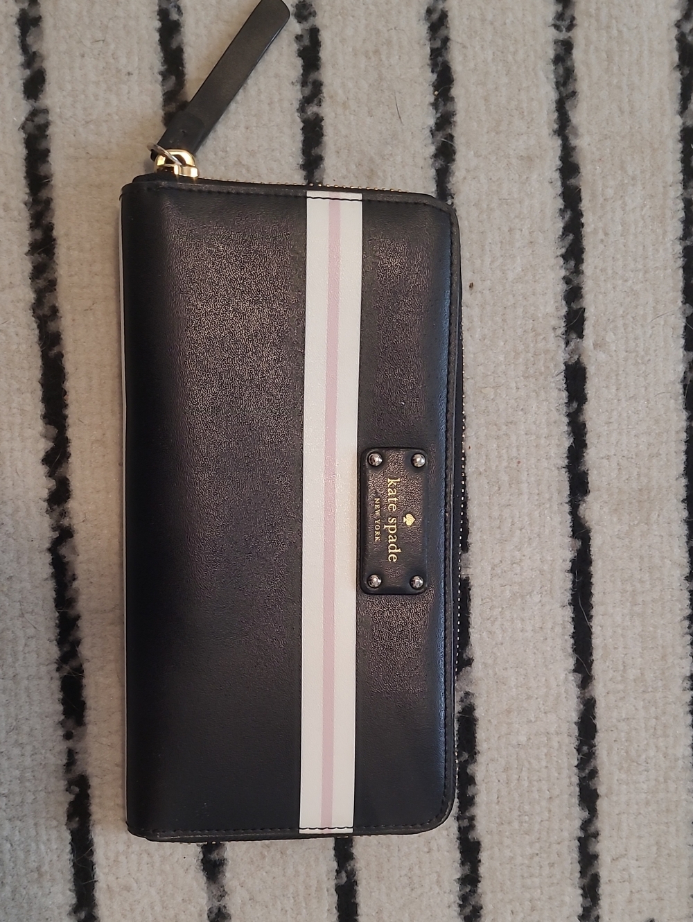 kate spade Black Wallet with Pink & White Striped Center